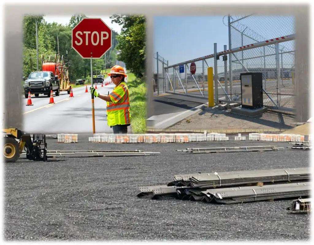 Access gates, road safety flaggers, and laydown yards.